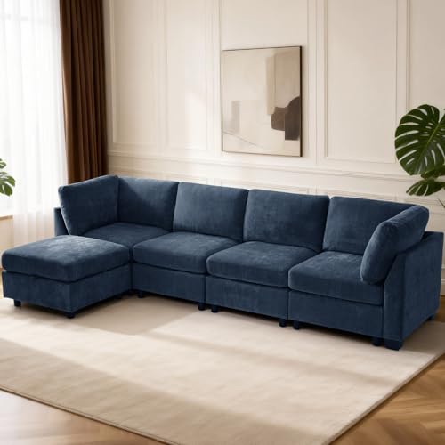 Image of TEKAMON 122 inch L Shaped Modern Sofa Modular Sectional Couch with Ottoman, 5-Seat Chenille Deep Seat Sofa for Living Room, Bedroom and Apartment, Blue