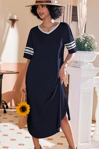 Image of Ekouaer Long Nightgown, Womens V Neck Loungewear Oversized Sleepwear Loose Sleep Dress S-4XL