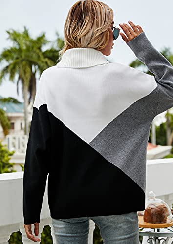 Image of ECOWISH Women Fall Pullover Sweater Turtleneck Plaid Long Sleeve Loose Casual Chunky Checked Knit Winter Sweaters Jumper Tops