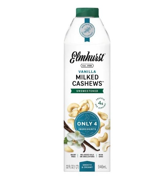 Elmhurst Cashew Unsweetened Vanilla, pflanzlicher Cashew-Vanille-Drink ohne Zuckerzusatz, vegan, laktosefrei, mit echter Vanille, ohne Emulgatoren, cremig, ideal für Kaffee, Smoothies & Backen