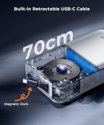 Image of Portable Charger Power Bank - Battery Pack 35W AC Plug GaN 10000mAh Built in Cable USB C Phone Fast Charging Powerbank Compatible with iPhone 16 15 14 13 12 11 X iPad MacBook Samsung (White)