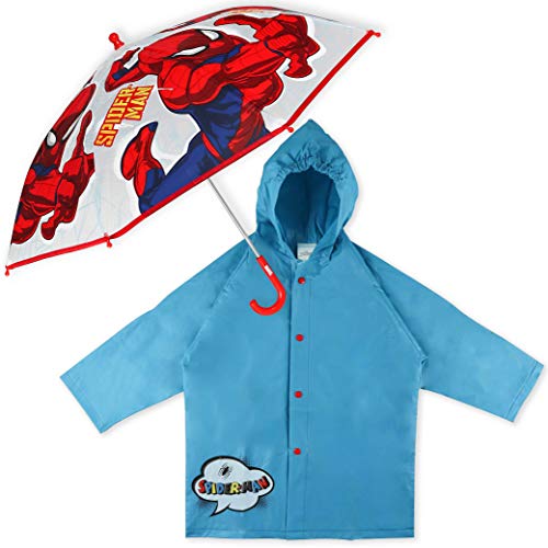 Paraguas Translucido Infantil y Chubasquero Pack Spiderman – Paraguas Infantil y Chubasquero Niño Impermeable con Capucha | Pack Paraguas Transparente Semi e Impermeable para Vuelta al Cole