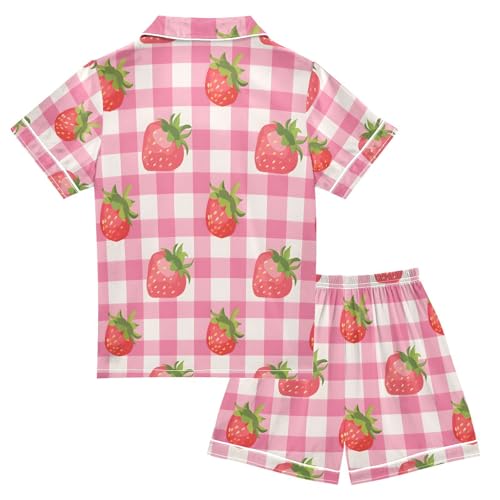 ALAZA Plaid Strawberry Pajamas Satin Pajama Set Short Sleeve Button Down Sleepwear2
