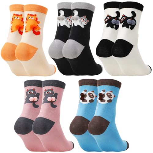 scenicamp 5 Pair Cute Cat Socks with Bells Womens 3D Novelty Funny Animal Cotton Crew Sock for Women Cats Lovers Gifts Fun Crazy Weird Unique Sock for Girls Lady Mom
