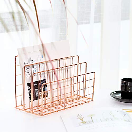 Delifox Mail Sorter - Letter Organizer Metal Desktop File Rack Postcard Holder for Home and Office, Rose Gold - Thumbnail 3