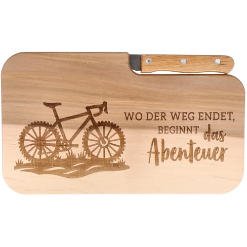 Spruchreif | Planche à pain avec couteau et gravure « Où le chemin se termine, l'aventure commence » - Planche en bois avec couteau - Idéal comme cadeau pour les cyclistes et les fans de plein air