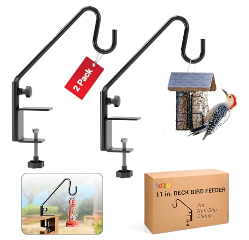 Idzo Deck Bird Feeder Hanger for Railing, 11inch Deck Hook for Bird Feeder Pole, Durable 3 Layers Powder Coated & Sturdy 1 Piece Solid Steel Construction for Hanging Decorations, 2 Pack