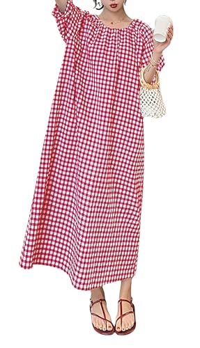 chouyatou Women's Casual Gingham Loose-Fit Swing Dress Cotton Lantern Puff Sleeve Plaid Midi Long Dress (Large,Red)