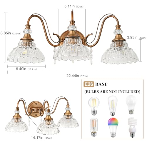 Image of Vintage Bathroom Vanity Light, 3-Light Matte Antique Brass Finish Wall Sconce with Hanging Crystal Accents and Flower-Shaped Clear Glass Shades, Retro Wall Mount Vanity Light Over Mirror for Bathroom