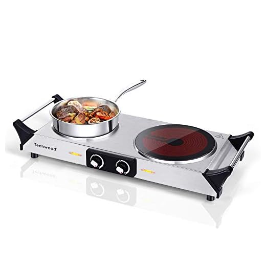 Techwood Electric Hot Plate Stove Countertop Double Burner Infrared Ceramic Double Cooktop 1800W With Adjustable Temperature Control Brushed Stainless Steel Easy To Clean Upgraded Version (Ceramic Infrared Countertop, Double Stove)