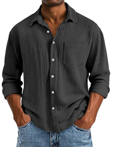 Mokaloha Mens Long Sleeve Shirts, Men's Casual Solid Color Breathable Cotton Pleated Lapel Long-Sleeved Shirt