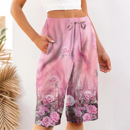 Linen Crop Pants for Women Fashion Knee Length Shorts Elastic Waist Straight Summer Drawstring Boho Pants with Pockets4