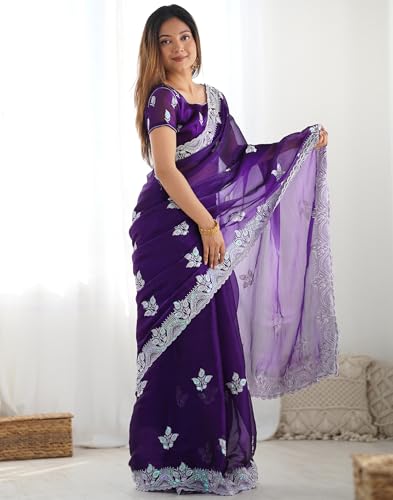 Image of SIRIL Women's Shimmer Chiffon Sequence Embroidery Saree With Unstitched Blouse Piece for Wedding and Parties