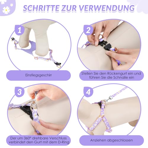 SlowTon Hundegeschirr mit Leine, No-Pull leichtes weiches Wildleder-Welpengeschirr mit Blumenmuster und Schnappschnalle, verstellbares Geschirr Hund für kleine und mittelgroße Hunde(Lila, XXS)