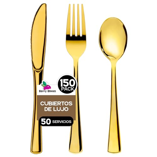 Berry Hip Set de 150 Cubiertos de Plástico Reutilizables 50 tenedores, 50 cuchillos y 50 cucharas Elegantes, Perfectos para Cumpleaños, Banquetes, Catering,...