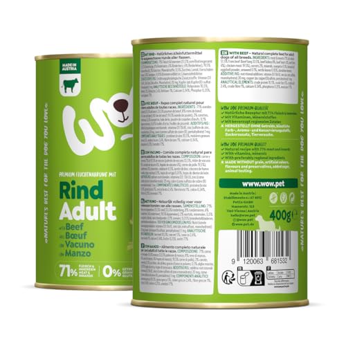 WOW Dog Hunde-Nassfutter mit Rind | Enthält Vitamine und Mineralien, ohne Getreide und Zucker | 400 g / 12er Pack
