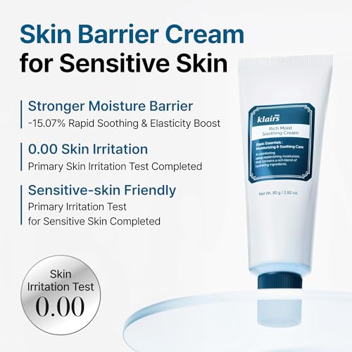 Image of DearKlairs Rich Moist Soothing Cream | Korean Face Moisturizer for Dry&Sensitive Skin with Ceramide, Centella Asiatica & Beta-Glucan, Skin Barrier Repair, 24-Hour Hydration, 2.82 Fl Oz