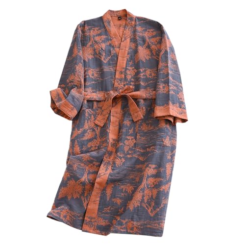 Spring Autumn Cotton Gauze Mid-length Nightdress Printed Tie-belt Bathrobe Loose Pajamas Comfortable Nightgown Sweat Steaming Yukata Sauna Suit Sleepwear Kimono for Women X-Large(Grey)