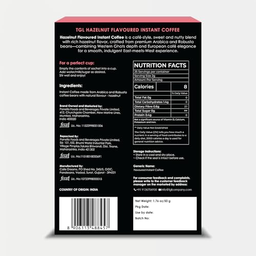 Image of TGL Co. Hazelnut Flavored Instant Coffee Sachets (Pack of 25) Crafted from Premium Arabica and Robusta Beans | Travel Pack