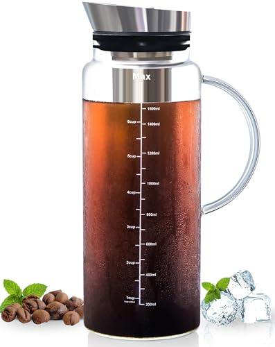 Comparison: Best Cold Brew Tea Maker 11 Aquach Cold Brew Coffee Iced Tea Maker & Fruit Pitcher - Large Capacity 51 Ounces - with Durable Glass Carafe/Fine Mesh Steel Infuser/Airtight Lid