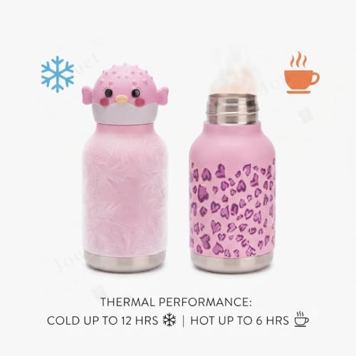 Image of JOUET Kids Stainless Steel Water Bottle 280ml with Cute Pink Fish Character Lid, Leakproof Drinking Bottle for School, Travel & Daily Use