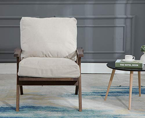 Guyou Mid Century Modern Accent Chair Wood Lounge Armchair with Upholstered Detachable Cushions, Single Sofa Comfy Retro Chair for Living Room/Bedroom/Reading Room (Beige) - Thumbnail 3