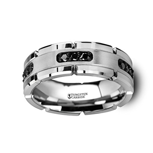 Tungsten and Black Diamond Wedding Band Ring | Silver Inlay | Ring Style Name: Valor | 1/4-Carat tw Black Diamonds | 8mm Wide3