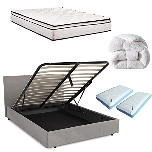 SAMPUR Ensemble Lit Coffre Merveilleux Lit + Sommier + Matelas + Couette + 2 Oreillers - 140x190 cm - Gris Clair