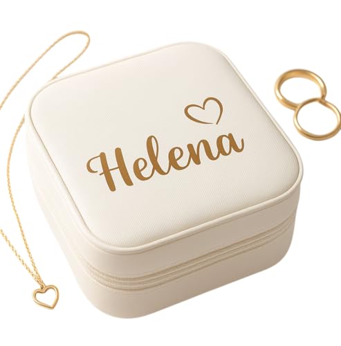 Estojo Porta-Joias viagem, bolsa Personalizado com nome, para presente escrito com Dourado, Coração, Zíper(branco - Off White)