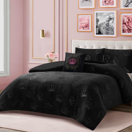 Image of Juicy Couture Plush Reversible Embossed Crown 3-Piece Twin /Twin XL Comforter Set with Decorative Pillow, Black