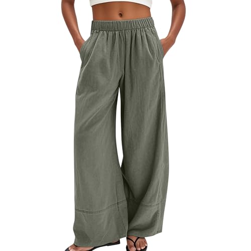 Wide Leg Linen Pants for Women Baggy Lightweight Palazzo Pants with Pockets Summer High Waist Flowy Casual Trousers
