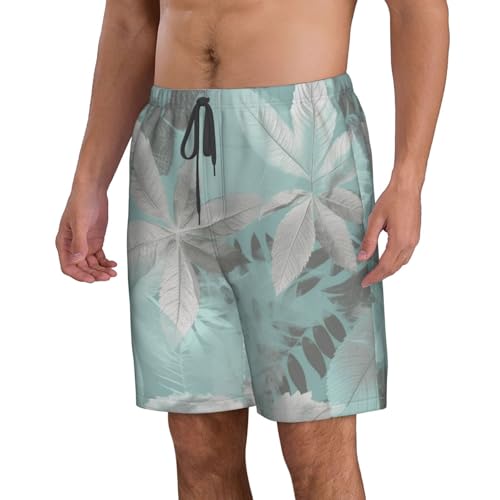 Mint Gray Leaves Men's Swim Trunks Quick Dry Board Shorts with Pockets Casual Drawstring Beach Shorts2