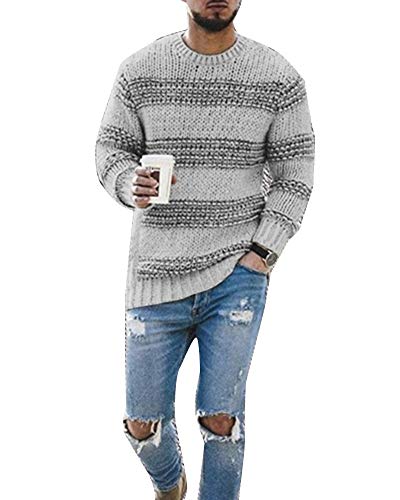 Hombres suéter de Punto Otoño Invierno Top de Punto a Rayas con Cuello Redondo Jerséis Casuales del suéter del pulóver de Manga Larga Gris M Cover