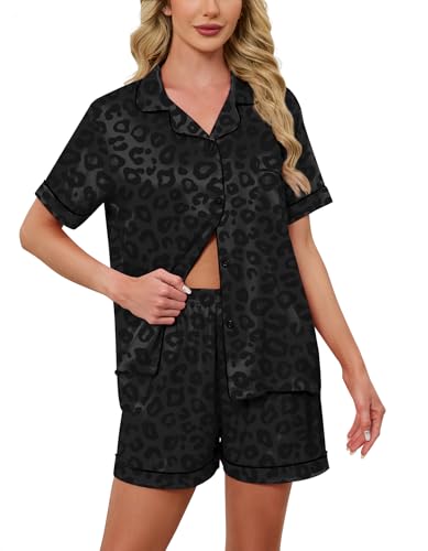 Image of Schbbbta Women Pajamas Set, 2 Pieces Satin Silk Button Down Pjs Short Sleeve Outfits Loungewear