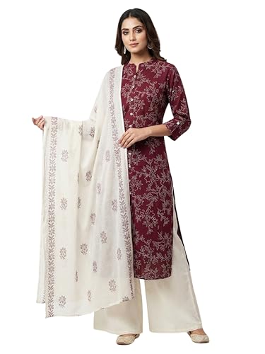 Image of Yash Gallery Women's Pure Cotton White Floral Rubber Print A-line Kurta Pant Set with Dupatta with Fancy Front Buttons, One Side Functional Pocket