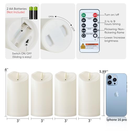 Image of Raycare 6 inchx3 inch Outdoor Waterproof Flameless Candles with Remote and Timer, Battery Operated LED Electric Fake Pillar Candle for Home Wedding Decor, Ivory White, Set of 4