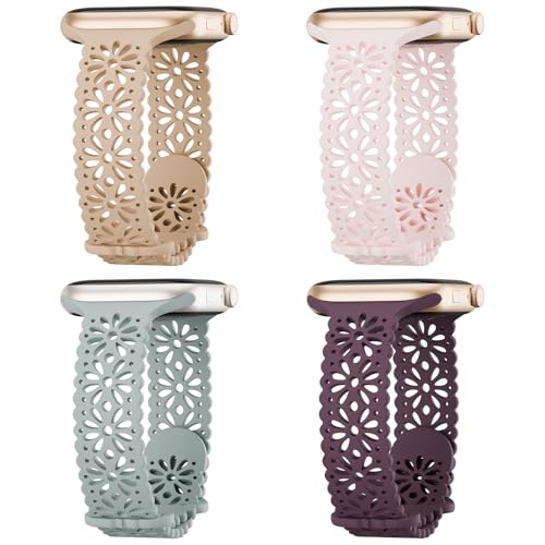 Image of 4 Pack Slim Lace Silicone Bands Compatible for Apple Watch 38mm 40mm 41mm 42mm 44mm 45mm 46mm 49mm, Thin Hollow-out Floral Breathable Strap for iWatch Series 11 /10 /9 /8 /7 /6 /5 /4 /3 /2 /1Ultra SE Women Men
