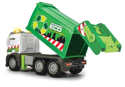 Dickie Toys – Action Truck Müllauto – Müllwagen inkl. Mülltonne, mit Sound und Warnlicht, Be- und Entladefunktion, Müllabfuhr für Kinder ab 3 Jahren, Grün/Weiß