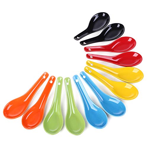 LIFVER Chinese Soup Spoons Set Porcelain Ceramic Soup Spoon Small Asian Soup Spoons for Home Kitchen or Restaurant Set of 12 Colorful