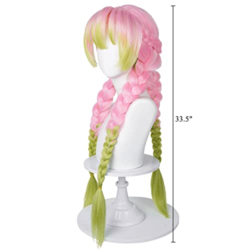 SL Mitsuri Cosplay Wig for DS, Long Pink Green Braid Wig Anime Hair Pigtails Wigs with Cap for Halloween Costume Party