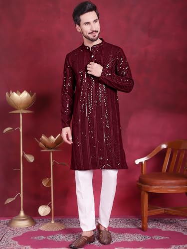Image of Jompers Men's Regular Fit Rayon Sequins Chikankari Embroidered Kurtas