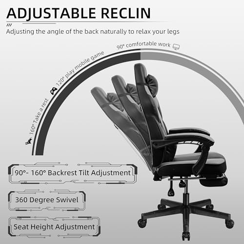 Shintenchi Gaming Chair, Computer Chair with Footrest and Lumbar Support,Video Game Chair Height Adjustable,Racing Style Computer Chair with 360°-Swivel Seat and Headrest (Grey) - Image 4