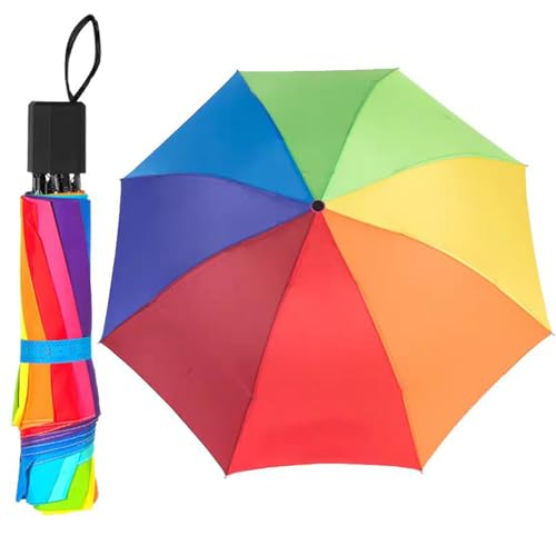 Qinsky Mini Regenbogen Taschenschirm - Leicht, Windsicherer Sturm Schirm mit Rippen für Herren und Damen