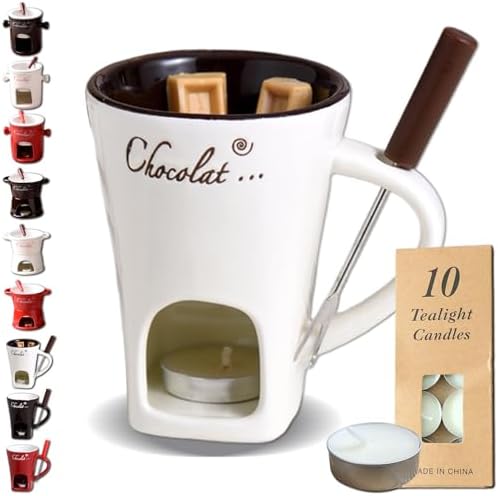 Multi-Functional Ceramic Fondue Mug, Chocolate Melting Mug with Candle, Mini Fondue Cup with 10pcs Candles, Perfect Romantic Gift for Couples, Birthday or Valentine (White,Style A)