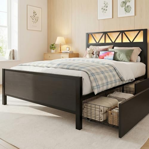 Image of LIKIMIO Twin Bed Frames with 2 Storage Drawers, Charging Station and LED Lights, Platform Twin Bed with Headboard, Strong Metal Slats, No Box Spring Needed, Easy Assembly, Noise-Free, Black
