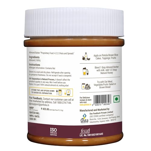 Pintola Almond Butter Crunchy 200g All Natural Unsalted Butter, Healthy Almond Butter Unsweetened for Bread Spreads, Vegan - Image 10 thumbnail