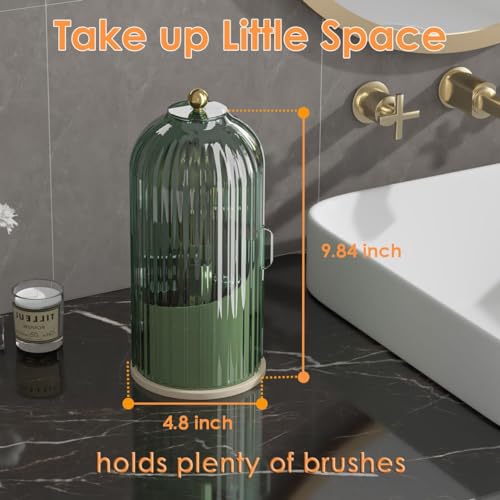 Makeup Brush Holder with Lid 360 Rotating Clear Dustproof Make Up Organizers for Vanity Bathroom Countertop, Green Beige