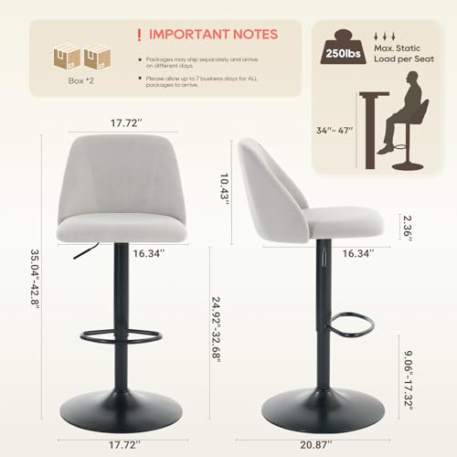 COLAMY Bar Stools Set of 4, Modern Swivel Bar Chairs, Adjustable Upholstered Barstools Counter Height with Full Backrest for Bar, Dining Room, Kitchen Island, Grey