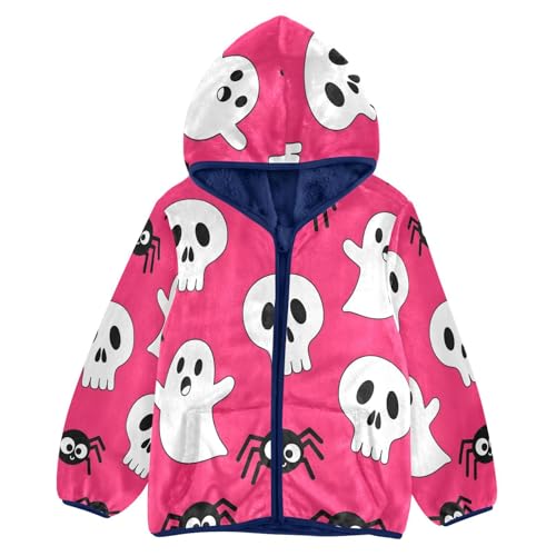 Skulls Ghosts and Spiders Pattern Toddler Fleece Jacket Girl Boys Hooded Fleece Jacket Coat Warm Outwear Zip-up 3-10T