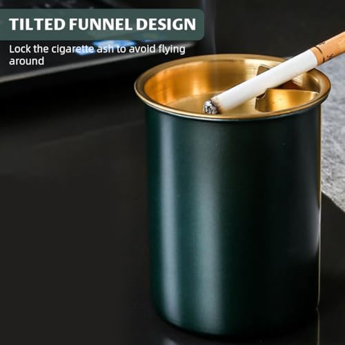 Image of HASTHIP Stainless Steel Green Ashtray, Funnel Lid for Table & Cup Holder | Helps Reduce Ash Scattering, Funnel Opening Supports Cleaner Disposal, Durable Steel Build, Tabletop or Vehicle Placement